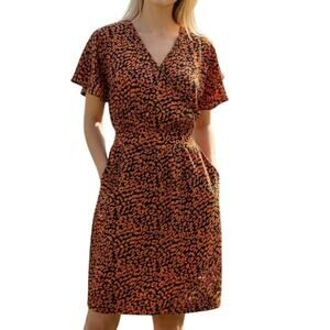 QED London NEW Leopard Print Dress Womens Medium Blue Orange Pockets Tie Back